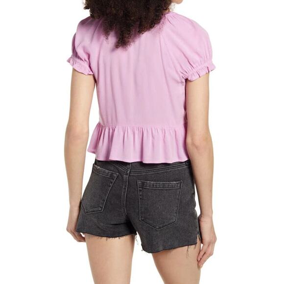 BP Babydoll Shirred Crop Top Womens L Purple Tulip Ruched Puff Sleeve Peplum - Picture 13 of 14